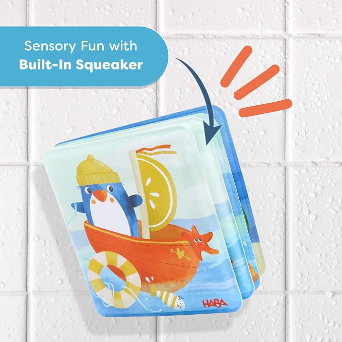 HABA Penguin Bath Book with Squeaker – Soft Baby Sensory Books, Waterproof Interactive Bath Toy for Water Play and Toddler Pool Toys