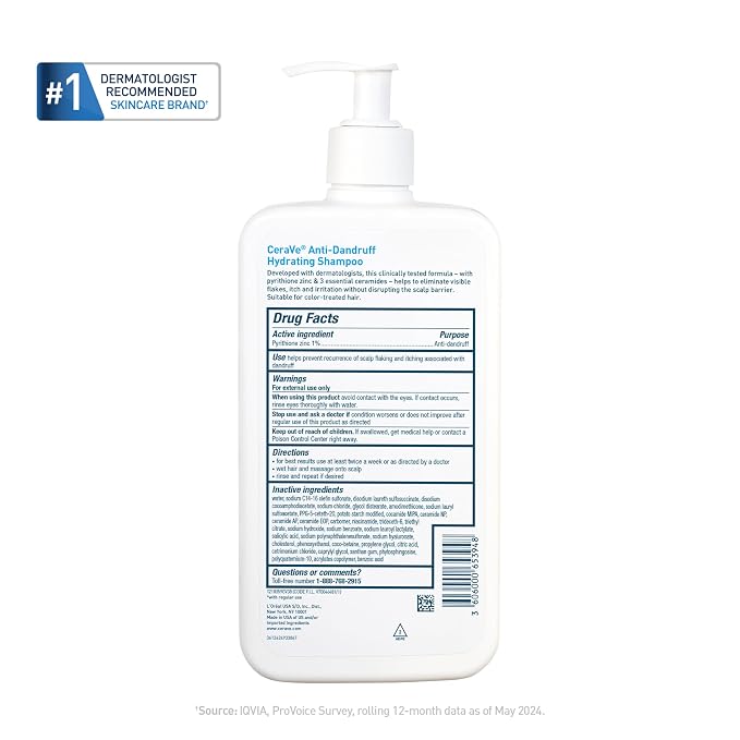CeraVe Hydrating Anti Dandruff Shampoo, 1% Pyrithione Zinc Dandruff Treatment With Ceramides, Niacinamide & Hyaluronic Acid, Helps Eliminate Flakes & Provides Itchy Scalp Relief, Sulfate Free, 19 Oz