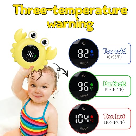 Crab Baby Bath Thermometer Toy - Digital Floating Water Thermometer with LED Display, Color Temperature Alerts & Safe Bath Sensor for Newborn, Infant Bathtub Essentials