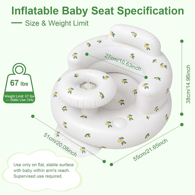 Inflatable Baby Seat for Babies 3-36 Months, Baby Chair with Fence & Built in Air Pump, Blow Up Floor Baby Seat with Back Support, Baby Chair Sit Me Up Olive-Tray