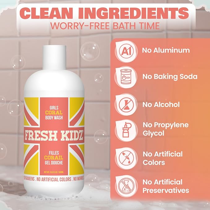 Fresh Kidz Body Wash for Kids and Teens - Gentle Bath and Shower Cleanser for All Skin Types - Girls Coral, 16.9 Fl.Oz.