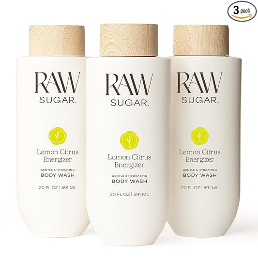 RAW SUGAR Lemon Citrus Energizer Gentle & Hydrating Body Wash, 20 Fl Oz (Pack of 3), Moisturizing & Energizing Bath & Shower Gel, Vegan, Formulated without SLS/SLES & Parabens