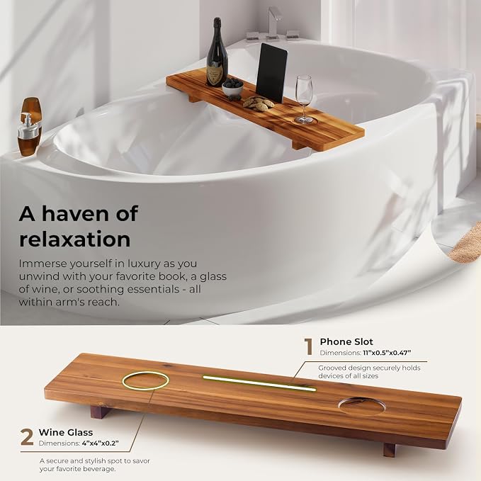 Tinamo Acacia Bathtub Caddy Tray Table | 35x9 Inch Large Bath Tub Wooden | Anti-Tipping, Sustainable Tub Tray for Bath tub | Bath-tub Accessories Holders for Bath-tub (Acacia, 35" x 9" x 2.5") | Acacia Wood, 35" x 9" x 2.5", Custom Legs, Phone/Tablet &...