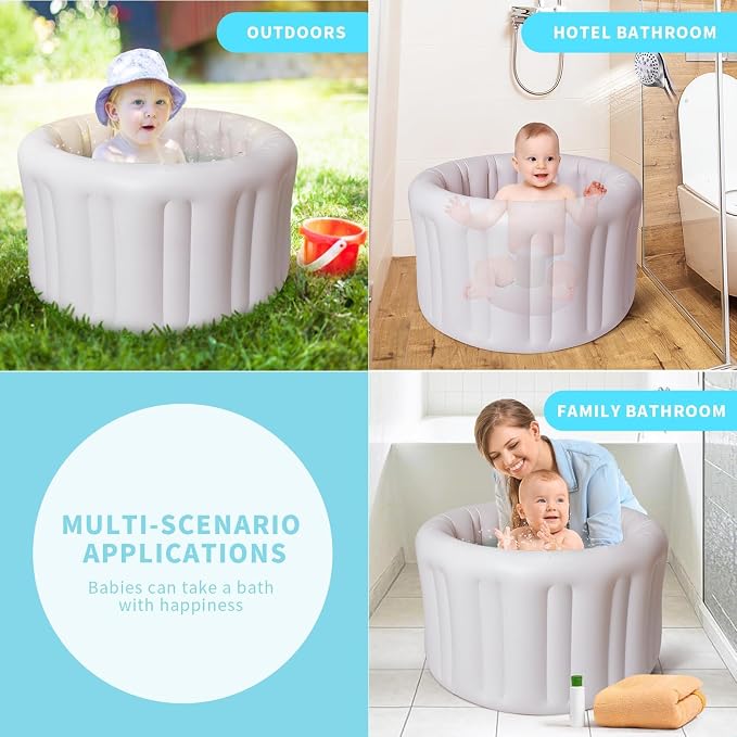 Portable Inflatable Baby Bathtub for Babies 6 Months and Up, Foldable Baby Pool with Anti-Slip Base & Soft Support Seat, Ideal for Travel & Household Use