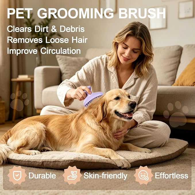 Oleamuo Dog Bath Brush for Grooming & Shedding, Self-Cleaning Pet Scrubber | One-Click Hair Release, Helps Reduce Shedding, For Short & Long-Haired Dogs and Cats, Wet & Dry Use(Purple)