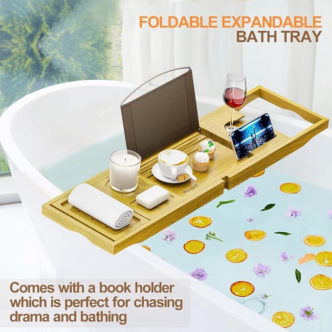 Bath Accessories - Cup Holders - Bathtub Tray Caddy - Bath Tray Expandable - Bath Tub Table Tray Caddy - Bamboo Bath Tray for Tub