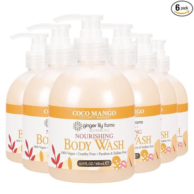 Ginger Lily Farms Botanicals Nourishing Body Wash, Coco Mango, 100% Vegan & Cruelty-Free, Coconut Mango Scent, 16.9 Fl Oz (Pack fo 6)