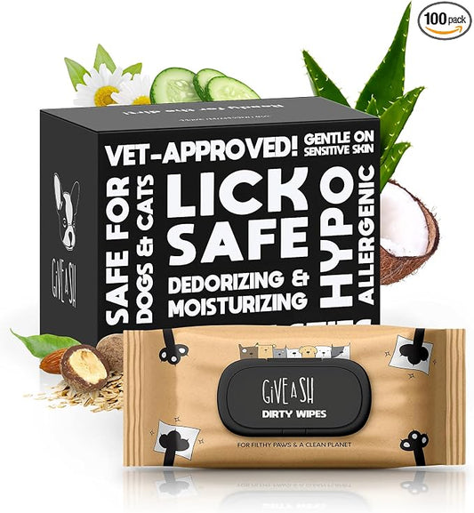 Lick-Safe Daily Pet Wipes for Dogs & Cats - Vet-Approved & Hypoallergenic - Cleans Mud, Odor & Dander - Wipes for Paws, Face & Butt - 10% to Charity - Earth-Friendly & Unscented Cleaning - Pack of 100