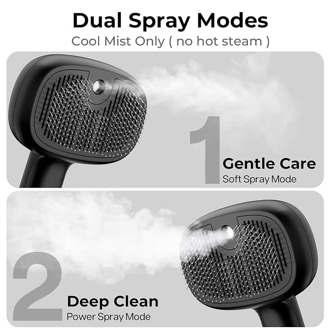 Pecute Self-Cleaning Steam Dog Cat Brush for Heavy Shedding/Long Coats | Gentle, Undercoat removal & smoothing, Shedding control, For water-anxious pets, 2 cool mist modes, XL tank, 240-min runtime