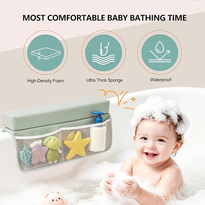 Baby Waterproof Vegan Leather Bath Kneeler and Elbow Rest Pad Set | Thickened Non-Slip Memory Foam Knee & Arm Support Bathtub Mat with Toy Organizer for Infant Toddler Bathing