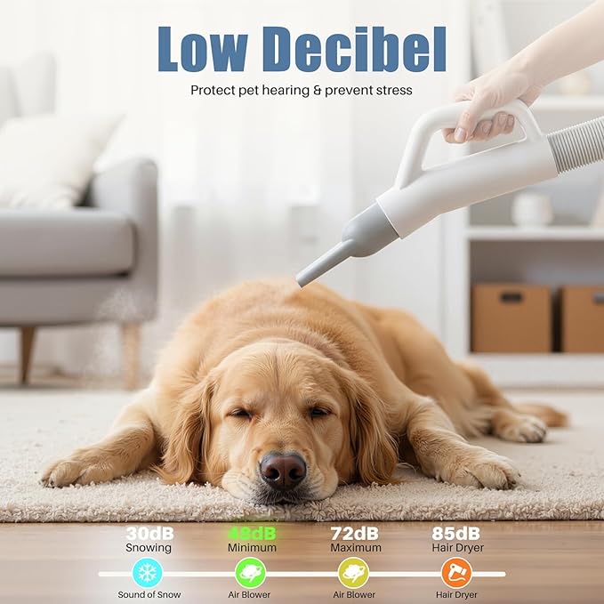 DUMOS Dog Blow Dryer Grooming Vacuum Kit, Cat Dog Hair Dryer with Adjustable Wind Speed & Heater Temperature, Cool-Warm-Hot Cycle Mode, 4 Nozzles, 6.5FT Cord for Low Noise Pet Hair Remover - White