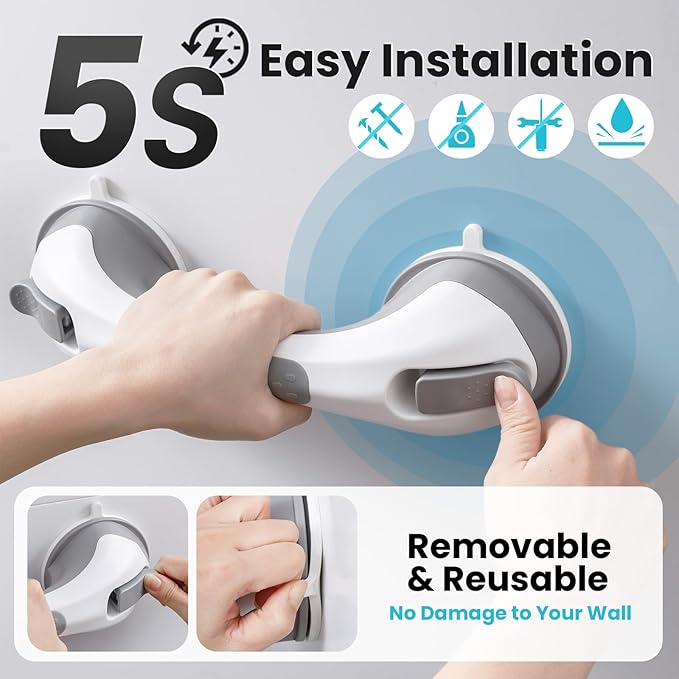TAILI Shower Grab Bar, 2 Pack 12 Inch Suction Grab Bars for Bathtubs and Showers for Elderly, Shower Handle for Seniors Bathroom Safety Grip, No Drilling Removable,Grey