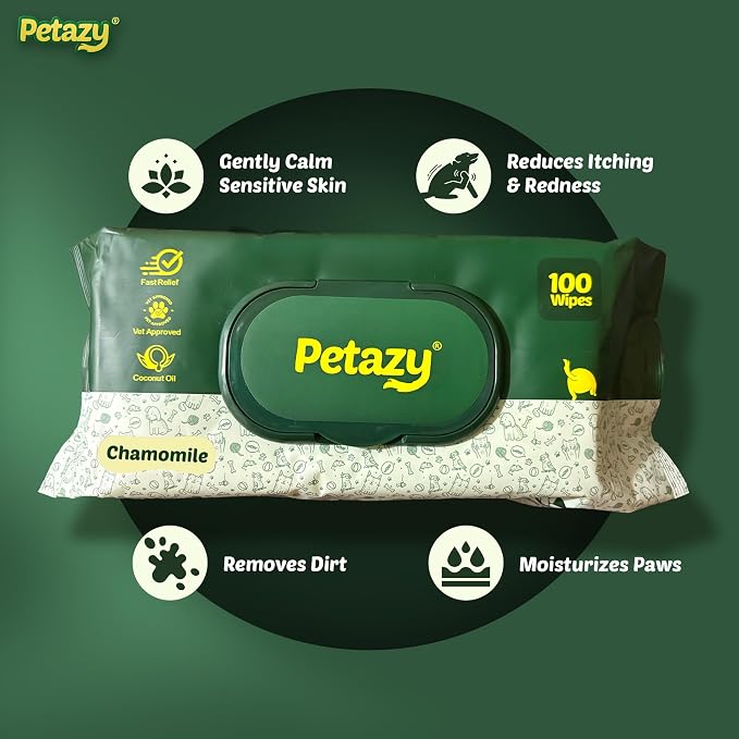 Petazy Pet Wipes for Dogs and Cats – 100 Count (8x8in) Hypoallergenic, Deodorizing Dog Wipes for Paws, Ears and Butt | XL with Aloe & Coconut Oil, Chamomile Scented | Travel Size, On-the-Go Pack