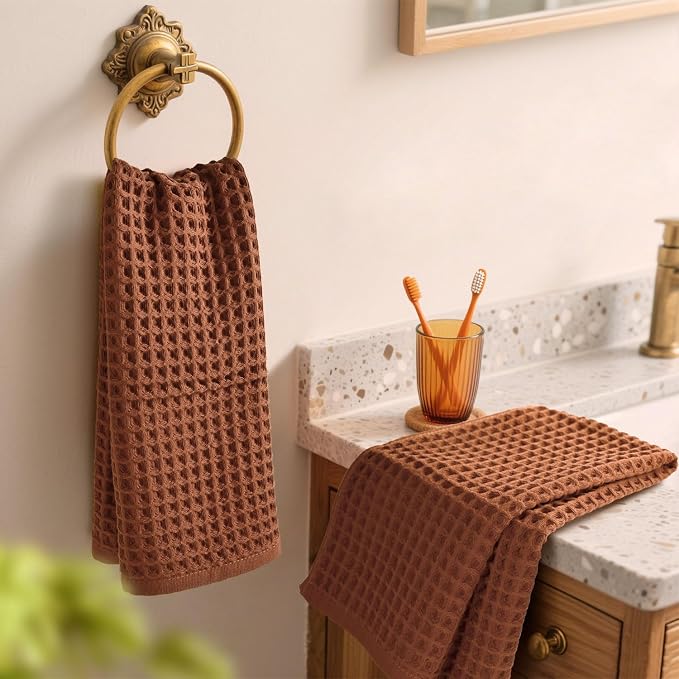 Jacquotha Waffle Hand Towels for Bathroom 5-Piece (Rust) - Cotton Quick Dry, Fall Kitchen Towels for Autumn Decor, 13” x 29”
