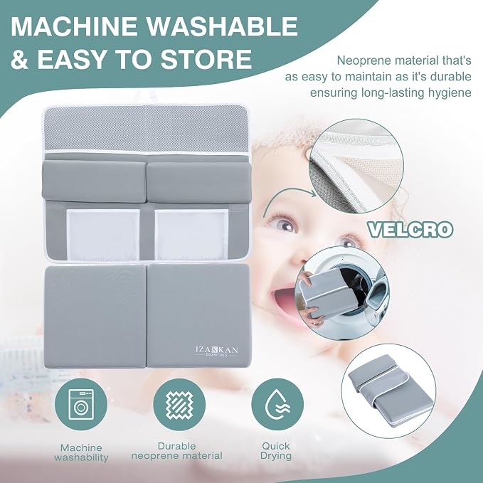 Bath Kneeler and Elbow Rest Pad Set - 1.5" Thick Baby Bath Kneeler - Non-Slip Bathtub Kneeler and Elbow Rest Set with Toy Organizer - Machine Washable Bath Kneeling Pad (Grey)