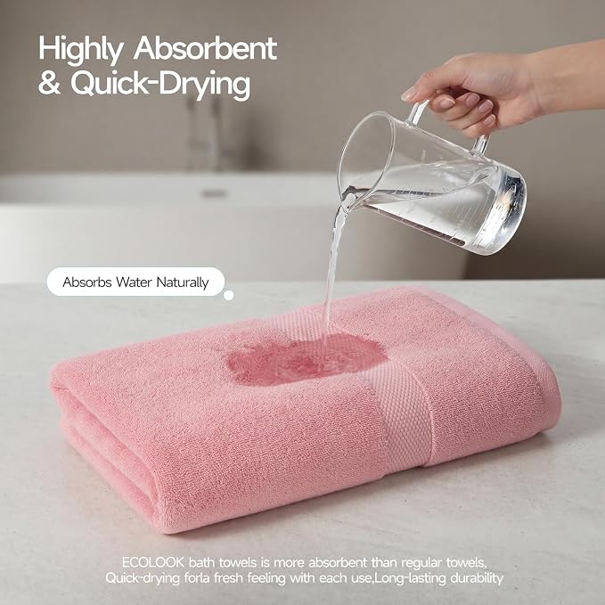 ecolook 2 Pack 100% Cotton Bath Towels, 28 x 55 Inches, Soft | Lightweight, Highly Absorbent & Quick Dry Body Towels for Bathroom, Shower, Gym & Daily Use, Pink