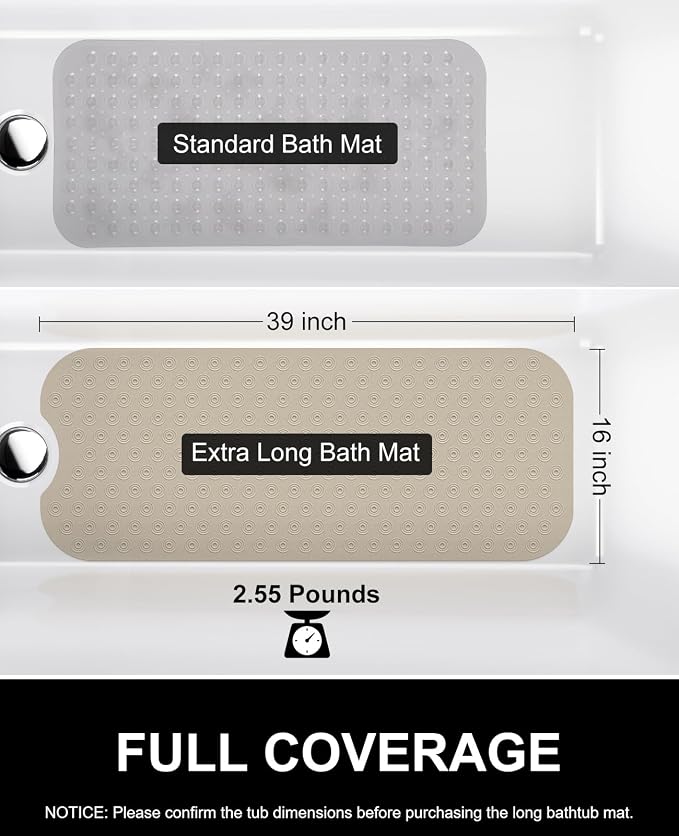 OTHWAY Bathtub Mat Non Slip, 39X16 inch Bath Mat for Tub, Machine Washable Bath Tub Mats with Reverse Suction Cups, Comfortable Rubber Bathtub Mat for Bathroom (Brown)