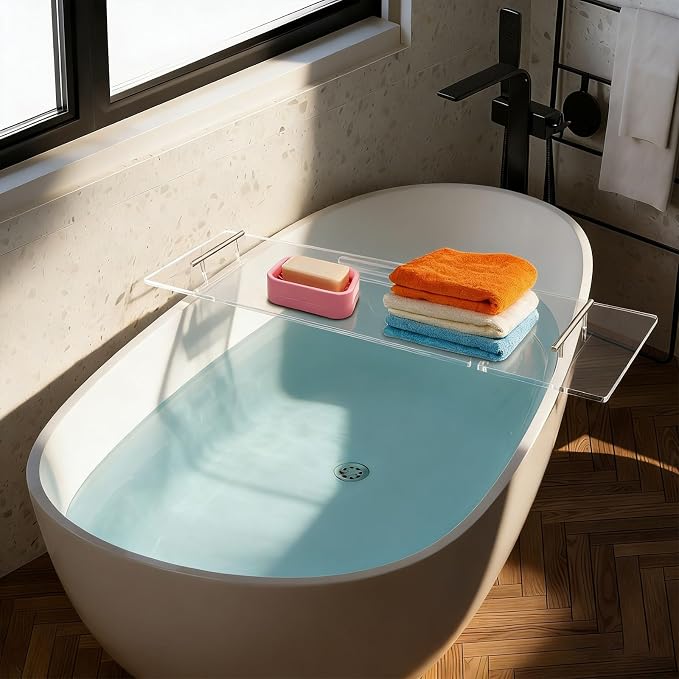 Acrylic Bathtub Tray with Handles, 39.4" Long Clear Bath Tray Table Holds Tablet and Wine Glass, Heavy Duty Bathroom Accessory for Home or Hotel, Easy Assembly (100cm/39.4in)