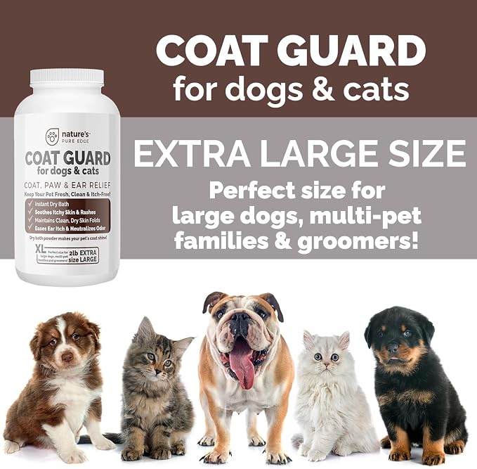 Coat Guard Dry Shampoo for Dogs and Cats - Extra Large 2 lbs Jar, Dog Dry Shampoo Powder, Waterless Dog Shampoo, Anti Itch Relief, Cedar Scented, Anti Dandruff, Hot Spots, Nature's Pure Edge