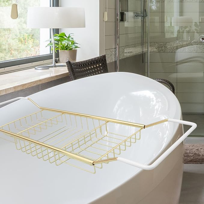 Sewroro Stainless Steel Bathtub Tray Telescopic Bath Rack Storage Organizer Over Tub Tray for Home Bathing Phone Holder (Golden)