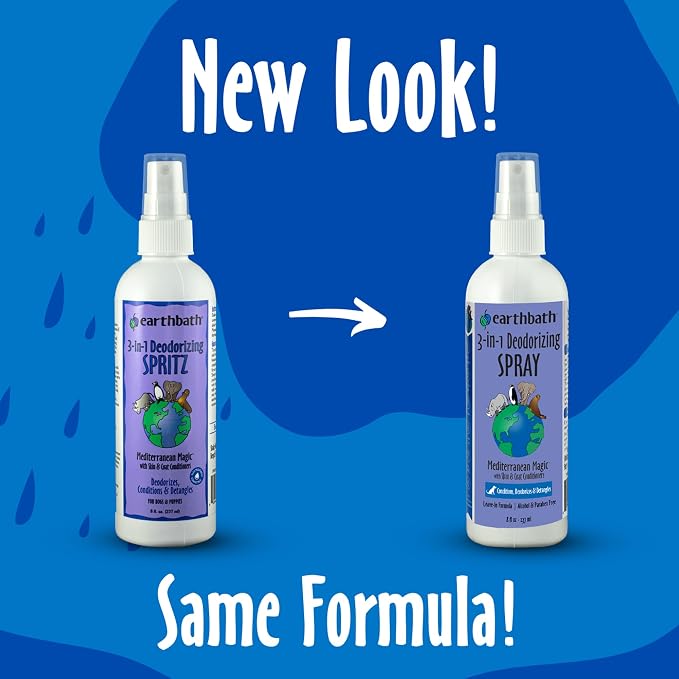 earthbath, Mediterranean Magic 3-in-1 Dog & Puppy Deodorizing Spritz - Dog Odor Eliminator for Strong Odor, Cruelty-Free Dog Cologne, Dog Wash Spray, Made in USA, Dog Bathing Supplies - 8 Oz (1 Pack)