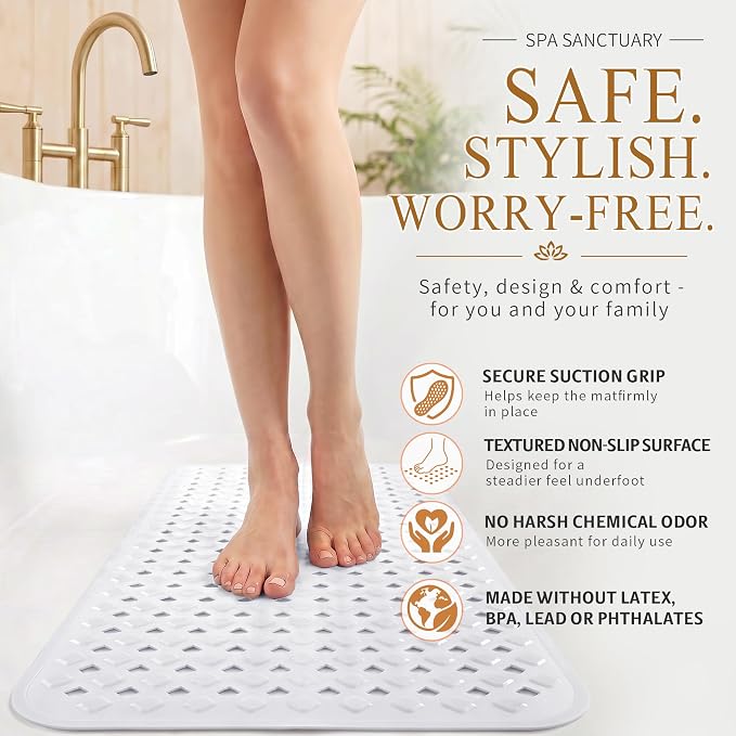 Yimobra Bathtub Mat Non Slip, Shower Mat with Strong Suction Cups & Drain Holes, 28"X16", Anti Slip Bath Tub Mat for Inside Shower, Machine Washable Fast Drying, Bathroom Essentials, White