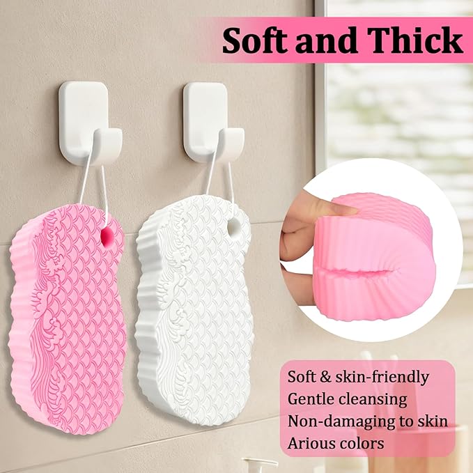 2Pcs Magic Exfoliating Bath Sponge, 3D Ultra-Soft Body Exfoliating Sponges, Deep Cleansing Dead Skin, Lanyard Bath Sponge for All Skin Types,Suitable for Both Men and Women (Pink+White)