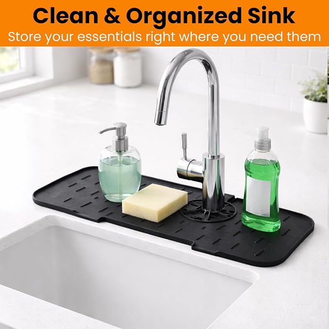 2 Pack 15" x 5.7" Silicone Faucet Mat for Kitchen Sink – Splash Guard with Upgraded Drain Outlet & Slope Design – Water Catcher & Sink Sponge Holder for Kitchen and Bathroom (Black & Gray)