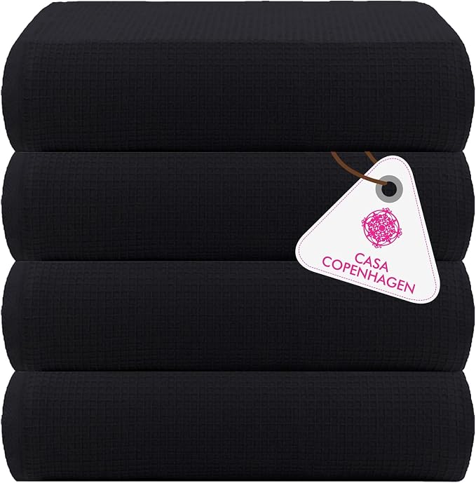 CASA COPENHAGEN Wafffle 4Pcs 100% Egyptian Cotton Large Designer Towels Gift Set- Black, 55"x27", 4Bath Towels for Bathroom (Box Pack, Set for Women & Men)