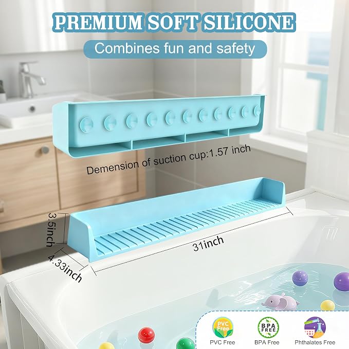 Splash Guard for Bathtub with 11 Suction Cups, 31in Silicone Bath Tub Play Shelf , Bathroom Holder, Bath Accessories Storage, Bath Tray, Bathroom Accessories(Blue)