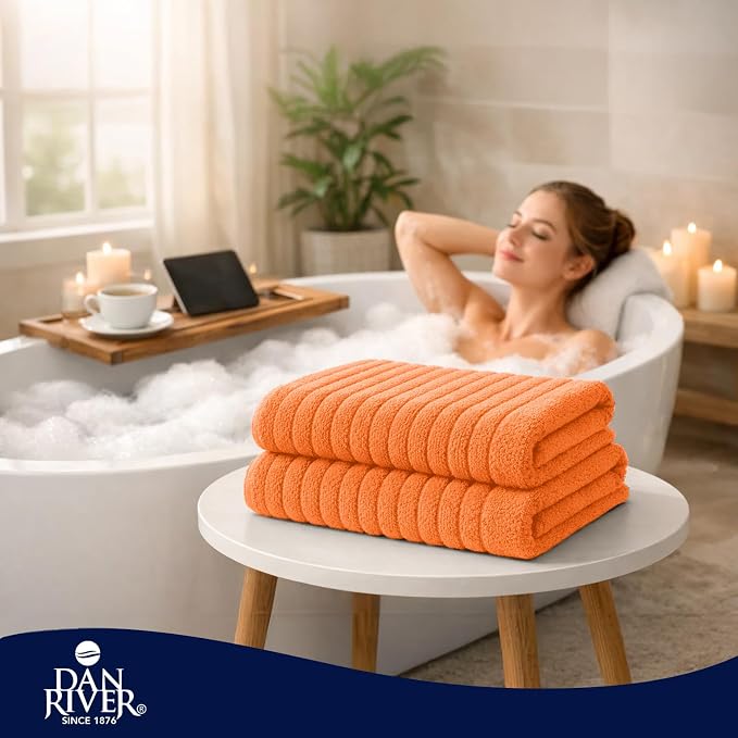 DAN RIVER Pack of 2 Bath Sheet 35x70 Inches, Soft Ribbed Fluffy Bath Sheets Towels for Adults, Quick Dry Shower Towels - Orange