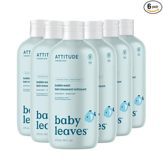 ATTITUDE Bubble Body Wash for Baby, EWG Verified, Dermatologically Tested, Plant and Mineral-Based, Vegan, Good Night, 16 Fl Oz (Pack of 6)