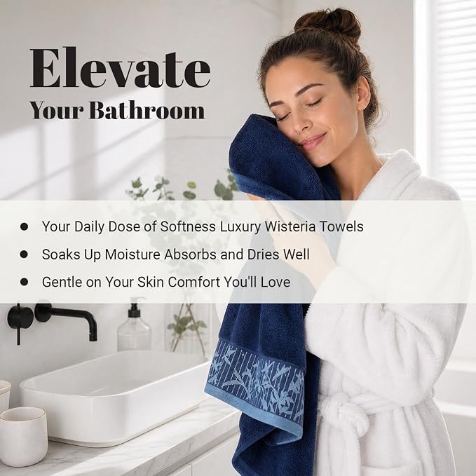 Superior Floral Jaquard Cotton Bathroom Towels, 3pc Towel Set, Navy Blue | Soft Absorbent Quick Dry Terry Weave, Hotel Quality, Wisteria Towels Includes 1 Bath Towel, 1 Hand Towel, 1 Face Washcloth