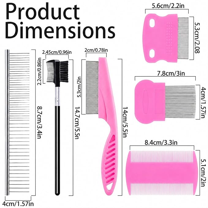 6 Pcs Flea Lice Comb for Cats Dogs, Pink | Stainless Steel, Rounded Teeth, Tear Stain Remover, Dematting Brush, Professional Pet Grooming Kit