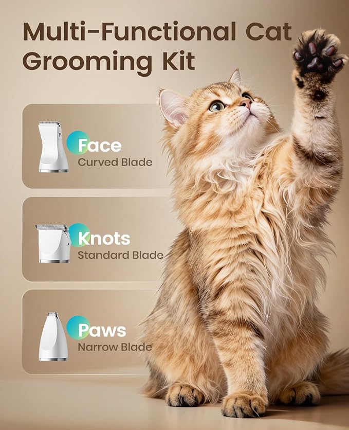 oneisall Quiet Cat Clippers for Matted Hair, 3 in 1 Cat Grooming Kit | LCD Display, Cat Hair Trimmer for Paw, 3 Speed, Cordless, IPX7 Waterproof Pet Clippers for Butt, Paw, Back, Ear, Face