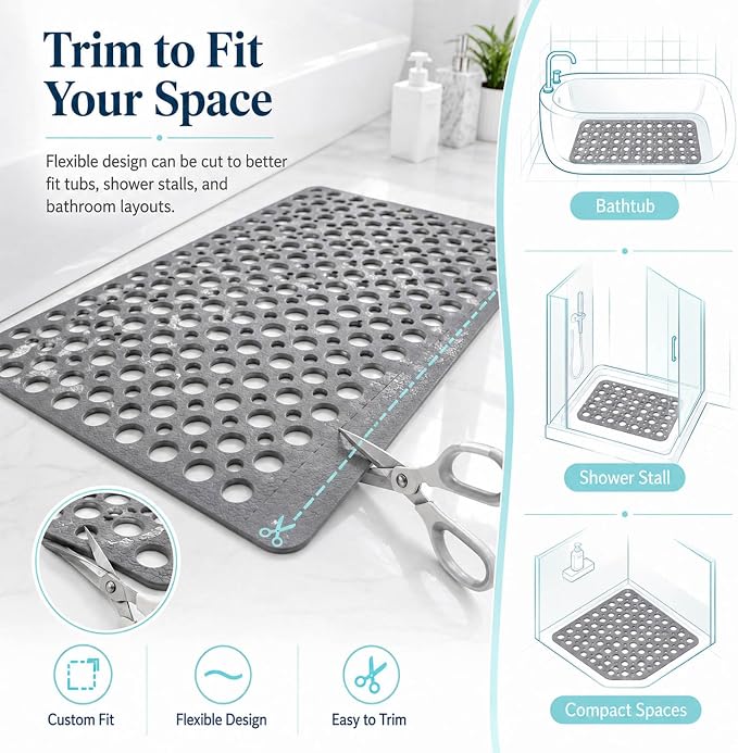 Casa and Beyond Shower Mat, Secure Shower Mat-Non-Slip, Washable Non-Slip Bathtub Mats, with Suction Cups and Drain Holes, Soft Textured Design, Easy to Clean for Bathroom (White, 27.6" x 15")