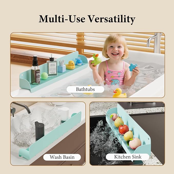 Bathtub Splash Guard, Silicone Toy Tray Holder Storage with 10 Strong Suction Cups, Bathtub Accessories Prevent Water Spills, Countertop Protectors for Tub, Bathroom Sink, Kitchen Sink 1 Pcs Green