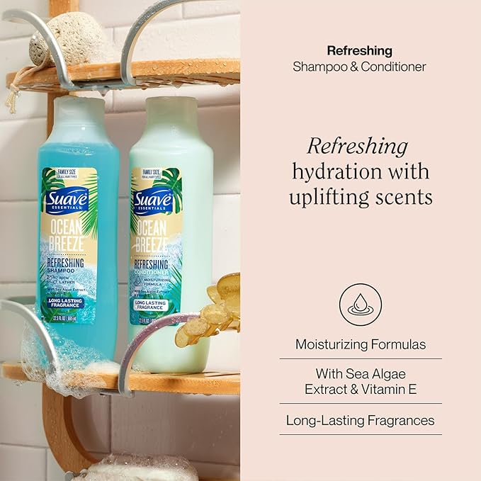 Suave Shampoo & Conditioner Set, Ocean Breeze – Everyday Refreshing Formulas with Sea Algae Extract & Vitamin E, 22.5 Oz Ea (2 Piece Set)