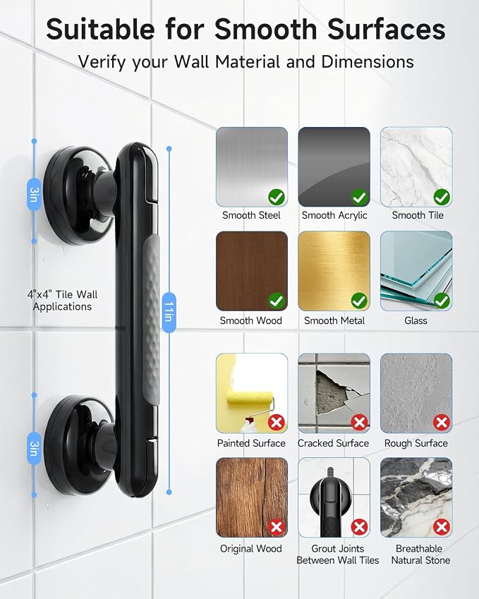 Upgraded Suction Shower Handle with Anti-Slip, 2 Pack Grab Bars for Shower and Bathroom, Heavy Duty Removable Safety Grip Handrails Grab Bars for Bathtubs, No Drilling & Waterproof, Black