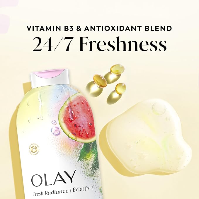 Olay Body Wash for Women, Fresh Radiance, 24/7 Skin-Loving Freshness, Visibly Radiant, Plant Based Cleansers, Vitamin B3 & Antioxidant Blend, For All Skin Types, Watermelon & Agave Scent, 22 fl oz