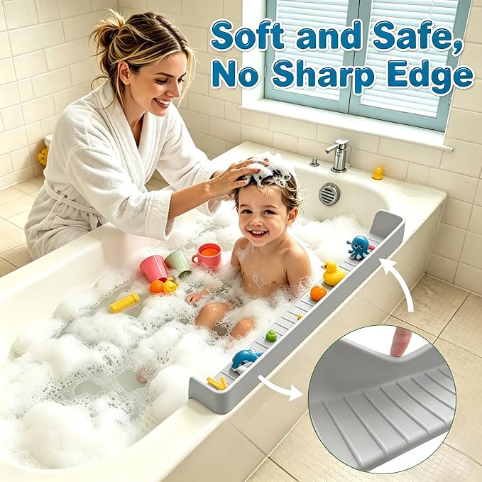 Bathtub Splash Guard with Strong Suction Cups, Silicone Splash Guard for Bathtub, Bath Toys Storage & Organizer Shelf for Kids, Flexible Water Guard for Bathroom Tub Edge and Kitchen Sinks Gray