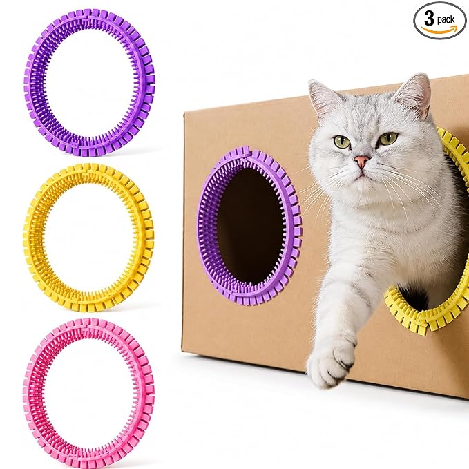 3-Pack Cat Self Groomer for Cardboard Box, Scratch Brushes with Box, Interactive Cat Arch Self Groomer with Scratching Pad, DIY Grooming Brush Ring, Hideouts & Enrichment Play (Purple Pink Yellow)