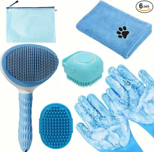 6-Piece Dog and Cat Grooming Kit - Self Cleaning Slicker Brush, Deshedding Brush, Bath Brush with Soap Dispenser, Grooming Bath Gloves, Microfiber Towel and Storage Pouch (Blue)