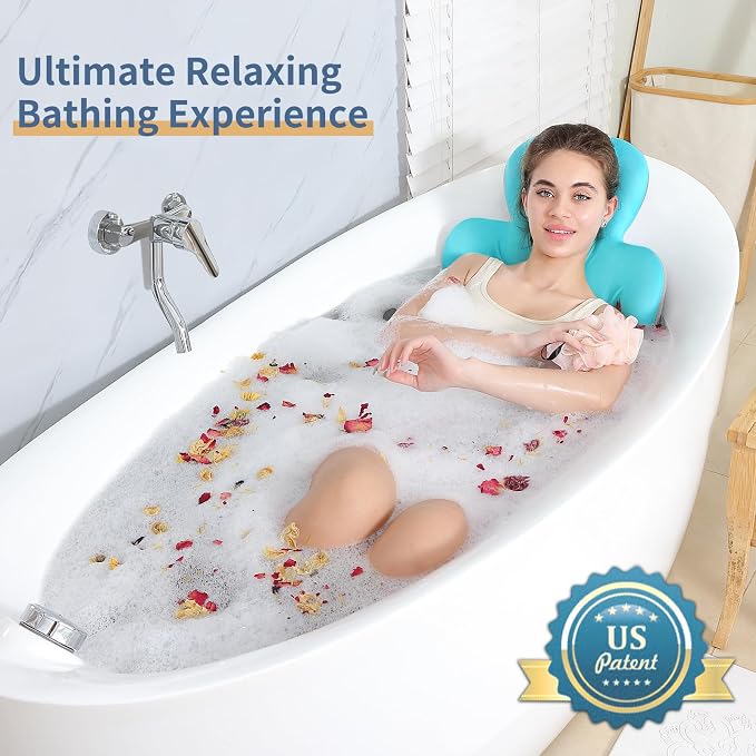 Luxury Bath Cushion, Full Body Bathtub Pillow with 160 Suction Cups, Bath Mat for Head and Neck Support, with Laundry Bag (Blue, 56" x 16")