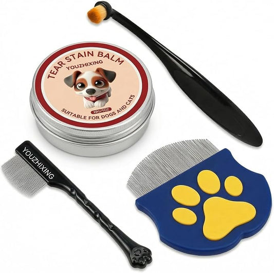 4-Piece Dog Tear Stain Remover Kit - Natural Eye Gunk Balm (1 oz) with Pro Brush & 2 Grooming Combs (Fine-Tooth & Paw-Print Design) - Safe for White Dogs, Cats, Daily Eye Cleaning