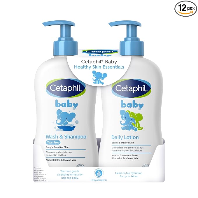 Cetaphil Baby Wash & Shampoo Plus Body Lotion, Healthy Skin Essentials, Head to Toe Hydration for up to 24 Hours, for Delicate, Sensitive Skin, White (Pack of 12)