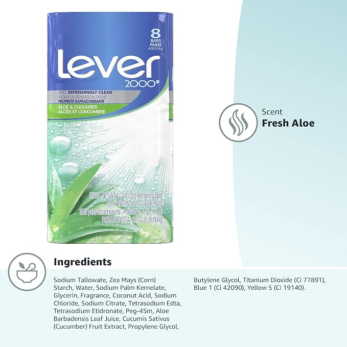 Lever 2000 Refreshing Body Soap and Facial Cleanser With Aloe & Cucumber Effectively Washes Away Bacteria, Fresh Aloe, 3.75 Ounce (Pack of 8)