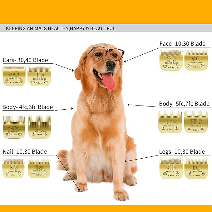 Gold Detachable Dog Blades Set Compatible with Andis/Oster A5 Grooming | Compatible with wahl km10 dog clipper,Made of Ceramic Blade & Stainless Steel Blade,Include 10+30+40+7FC+5FC+4FC+3FC ,7 Pack