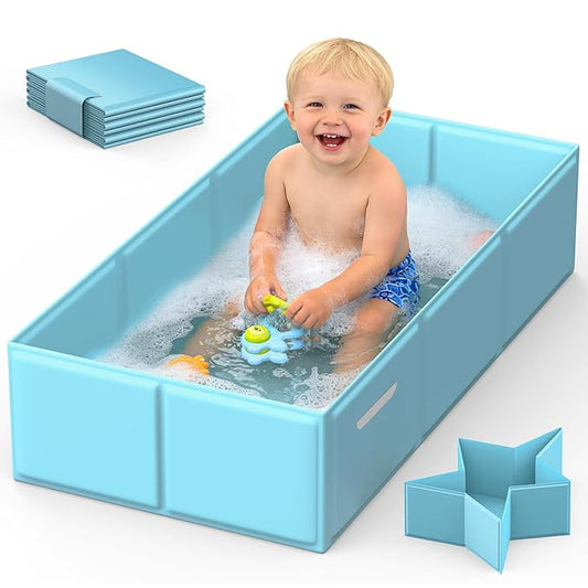 Foldable Baby Bathtub for Newborns & Toddlers, Collapsible Infant Bath Tub with Soft Cushion, Non-Slip Support & Drain Plug, Space-Saving Baby Tub for Small Bathrooms & Travel