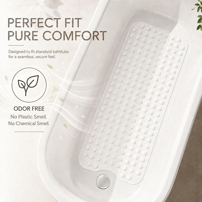 Bathtub Mat Non Slip, Odor-Free TPE with Suction Cups, White, 40" × 16" | Soft shower bath mat with quick-drain holes and machine-washable care for clean, smooth tub surfaces; light and easy to lift.